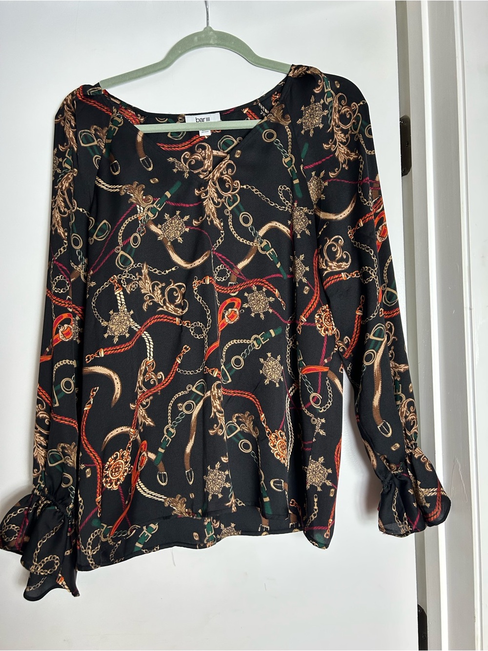 Bar III Black Chain & Scarf Print Long Sleeve Blouse